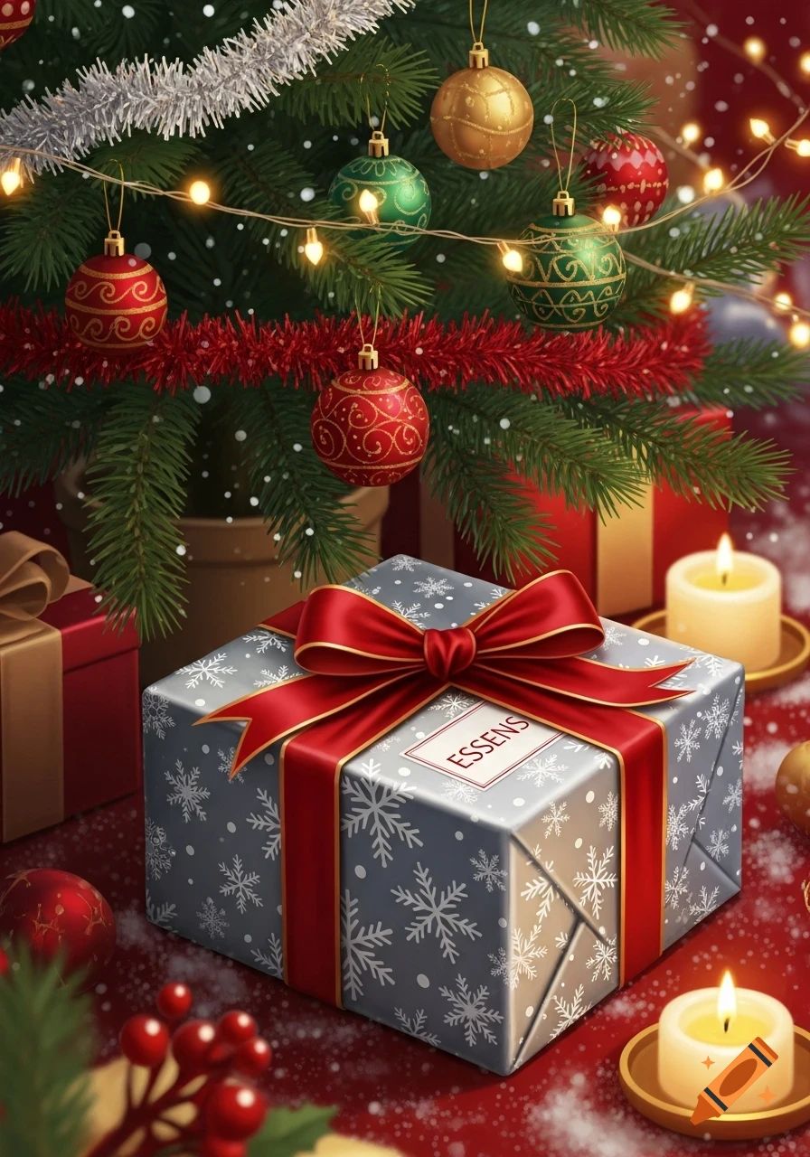 A festive Christmas scene with a decorated tree, red and green ornaments, fairy lights, and a silver snowflake-patterned gift box with a red bow.