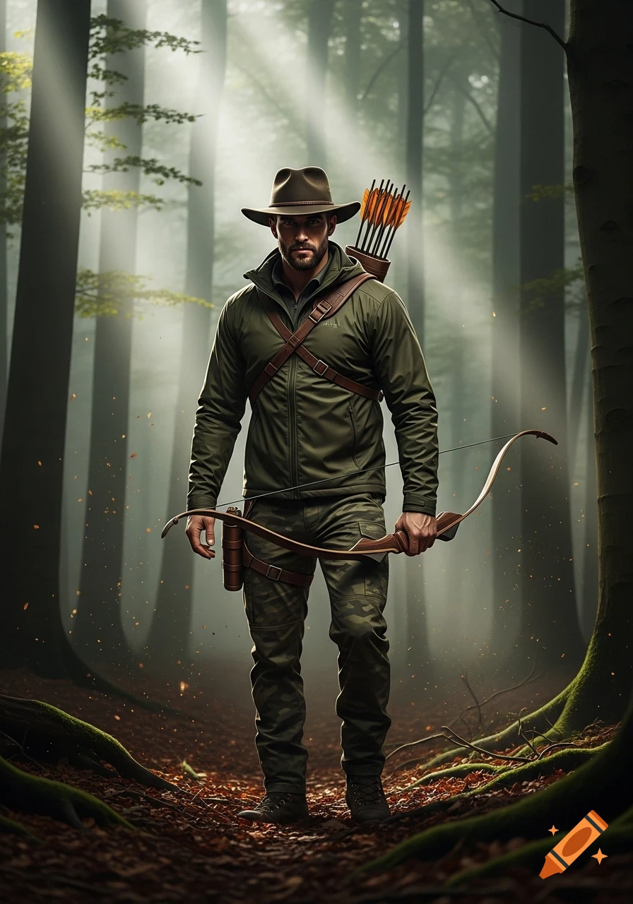 A photorealistic image of a hunter in a hat, holding a bow, with a quiver of arrows on his back, standing in a misty forest.