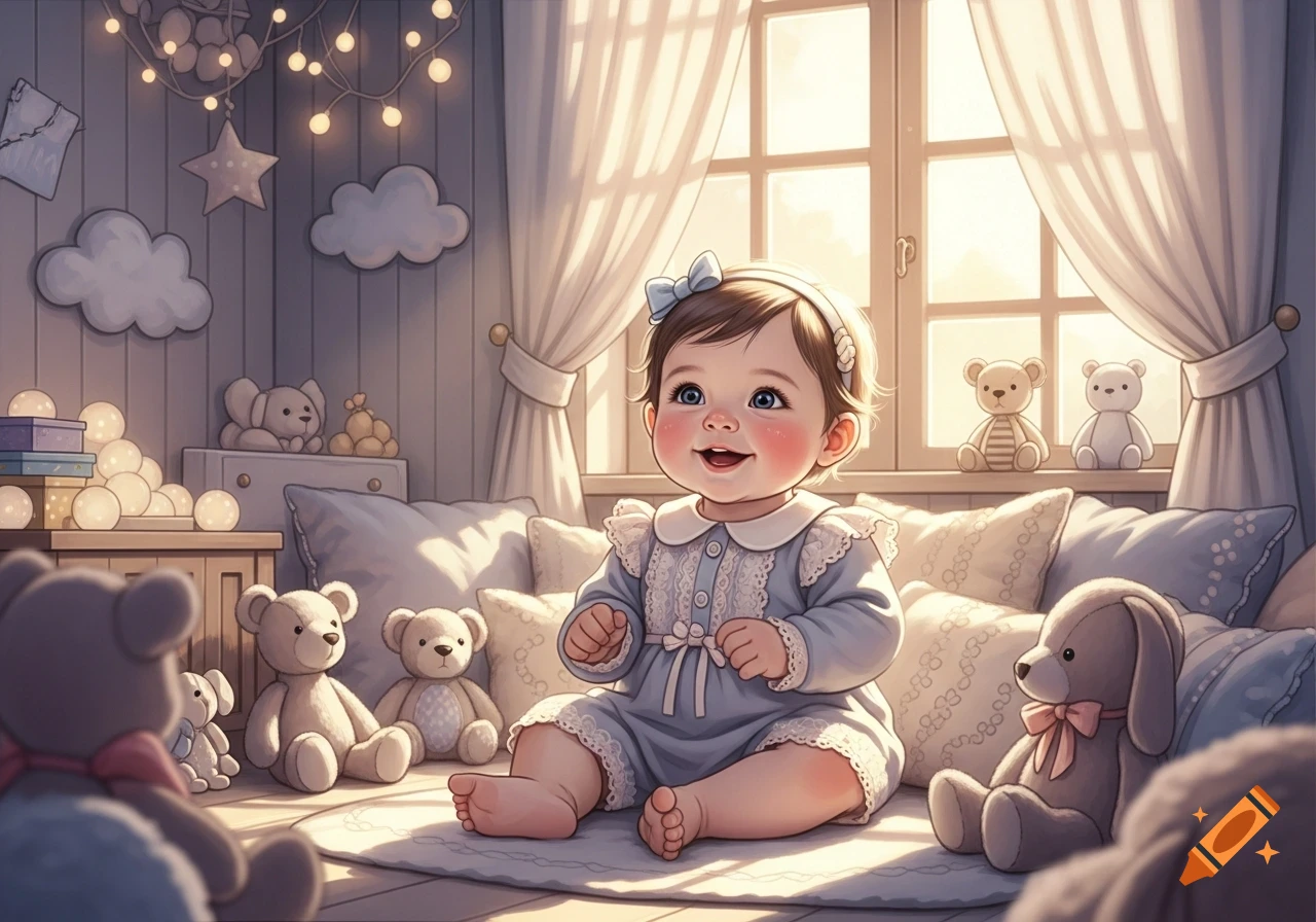 A cute baby wearing a blue outfit with a bow in her hair sits on a rug in a sunny nursery with teddy bears.