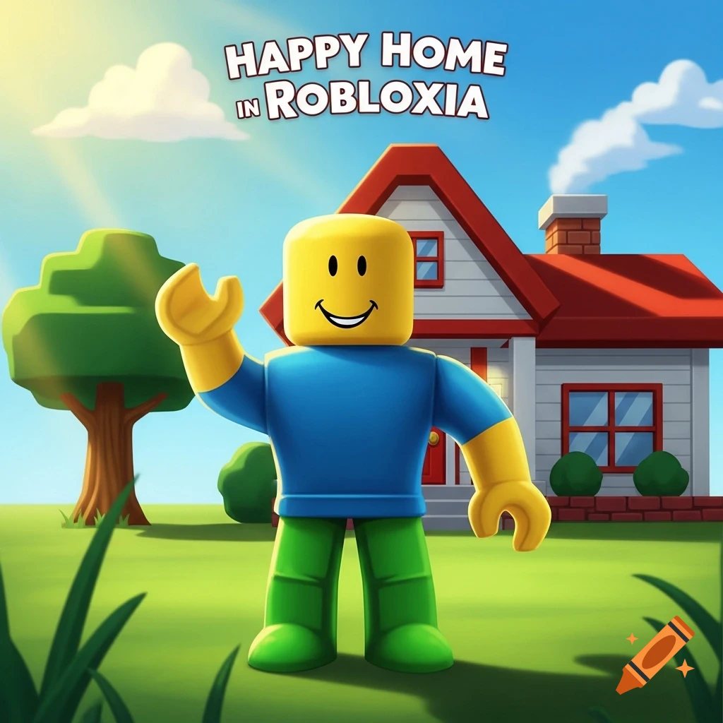 A smiling Roblox Noob character waves in front of a house under a sunny sky in a cartoon style, with the text 'HAPPY HOME IN ROBLOXIA'.