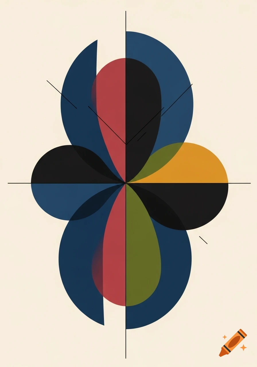 Abstract geometric design with overlapping shapes in red, blue, black, orange, and green on a light background.