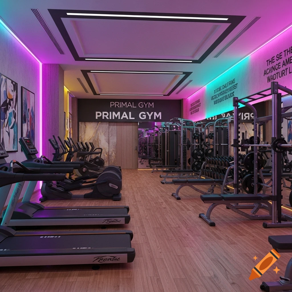 A modern, vacant gym interior illuminated by vibrant purple and teal LED lights, featuring treadmills, ellipticals, and weight racks. A sign reads "Primal Gym".