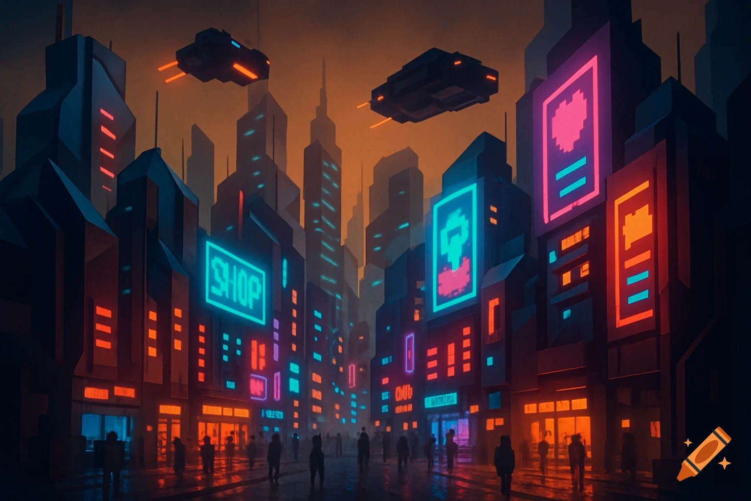 A vibrant cyberpunk cityscape in voxel art style with neon-lit skyscrapers, glowing billboards, flying cars, and pedestrians on wet streets.
