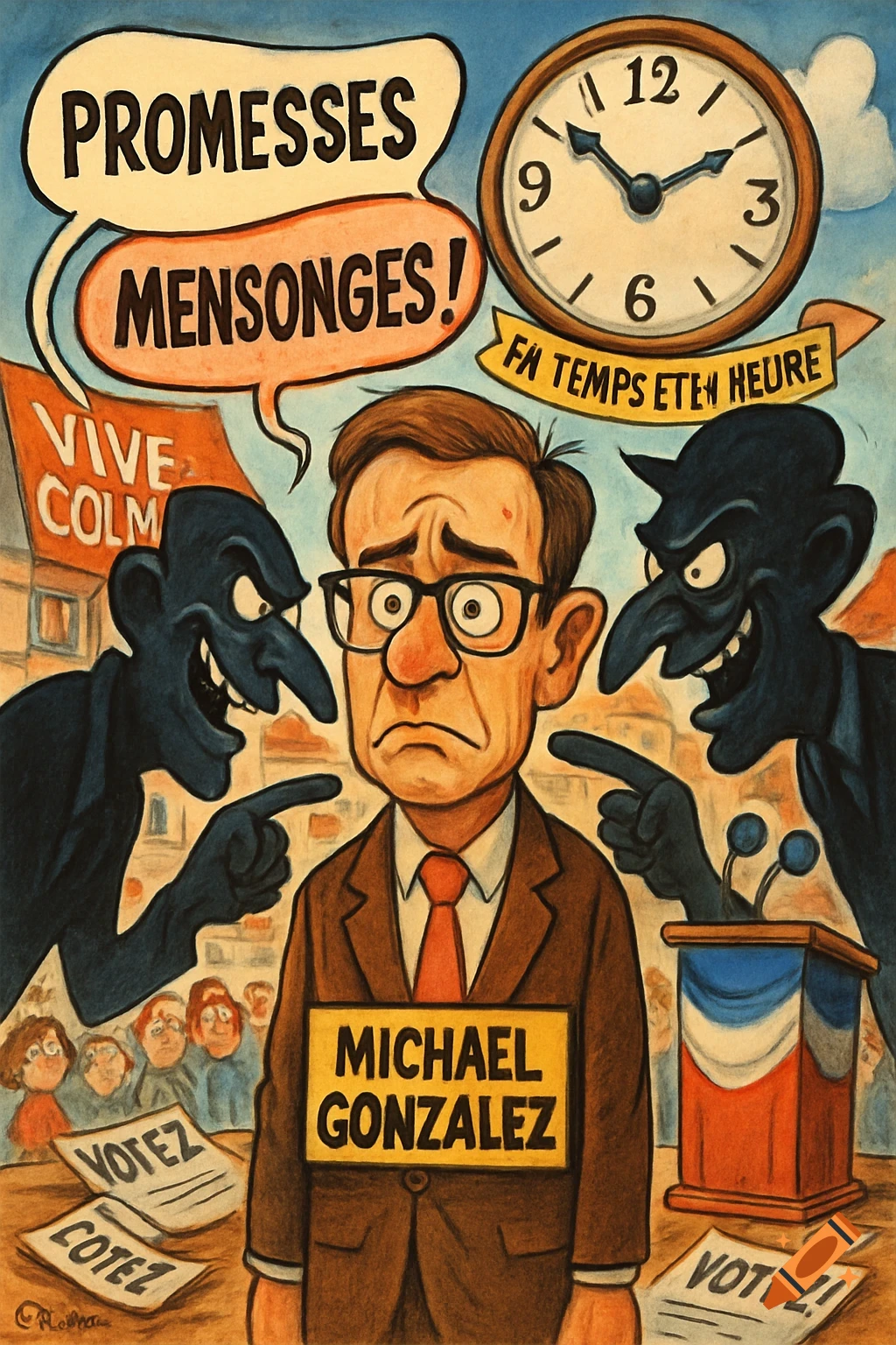 A political caricature depicts a stressed man labeled 'Michael Gonzalez' surrounded by two grinning, shadowy figures pointing at him, with speech bubbles saying 'PROMESSSES MENSONGES!'