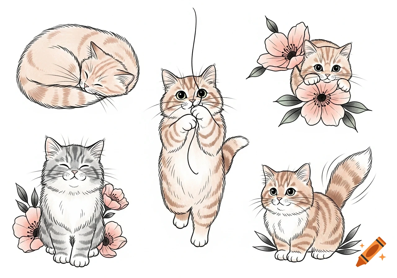 Various sketches of cute fluffy cats, some with pink flowers, in a soft graphic style.