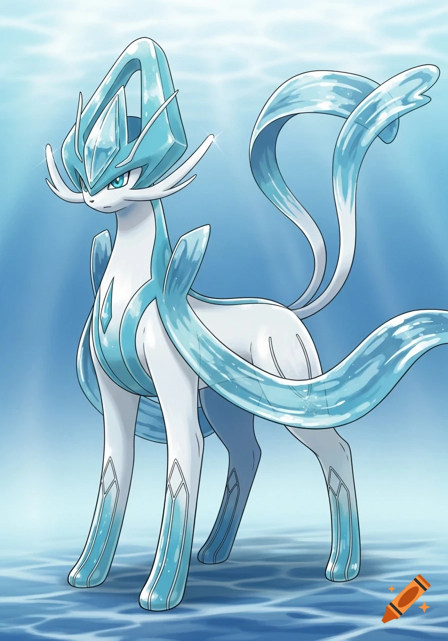 A sleek white and aqua-blue fantasy creature resembling a water type Pokemon, with flowing ribbons and a fin-like crest, in anime style.