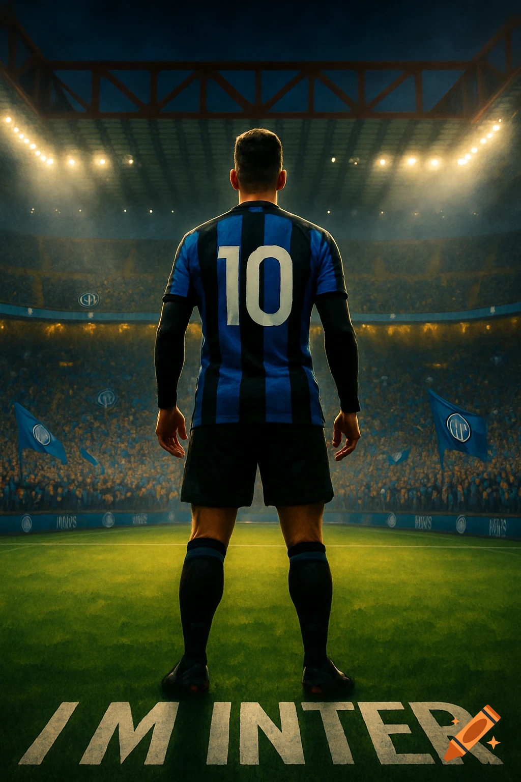 A football player wearing a black and blue number 10 jersey stands with his back to a crowded stadium. 'I M INTER' is written on the field.