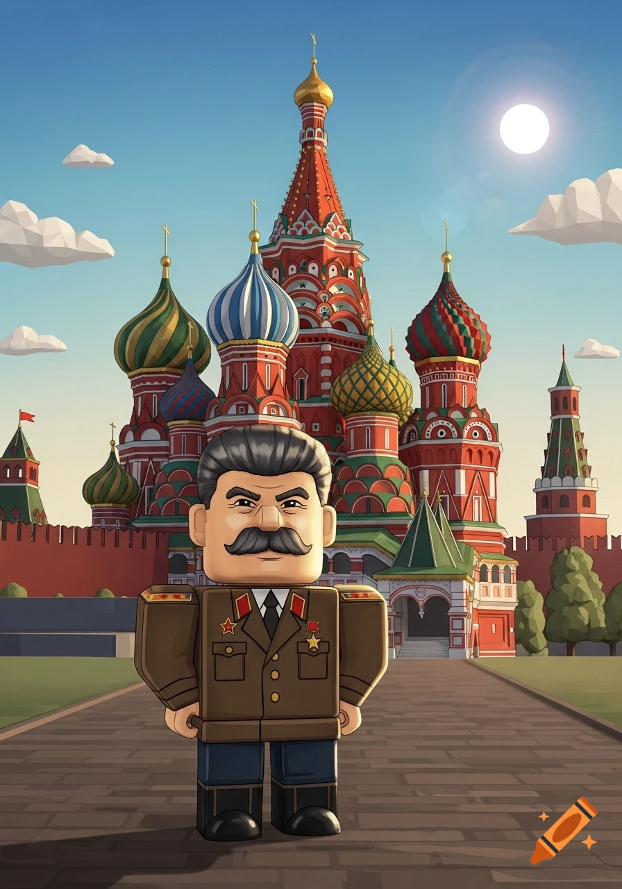 Roblox-style Joseph Stalin in a brown uniform stands in front of the colorful, onion-domed St. Basil's Cathedral under a blue sky.