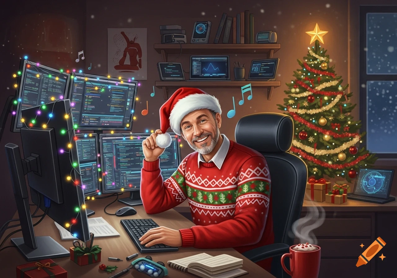 A smiling developer in a Santa hat and Christmas sweater works at a multi-monitor desk decorated with Christmas lights, with a Christmas tree in the background.