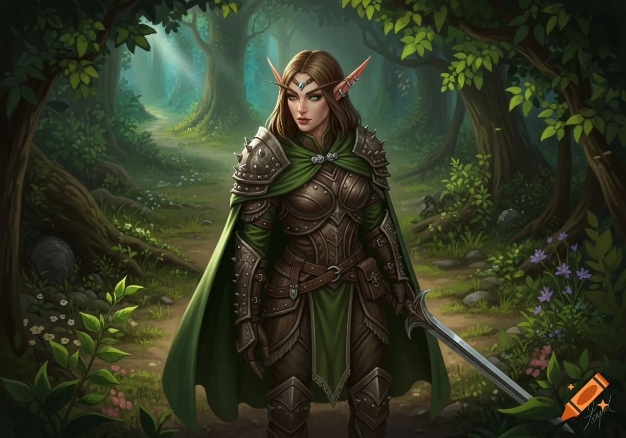 A wood elf ranger in studded leather armor and a green cloak stands in ...