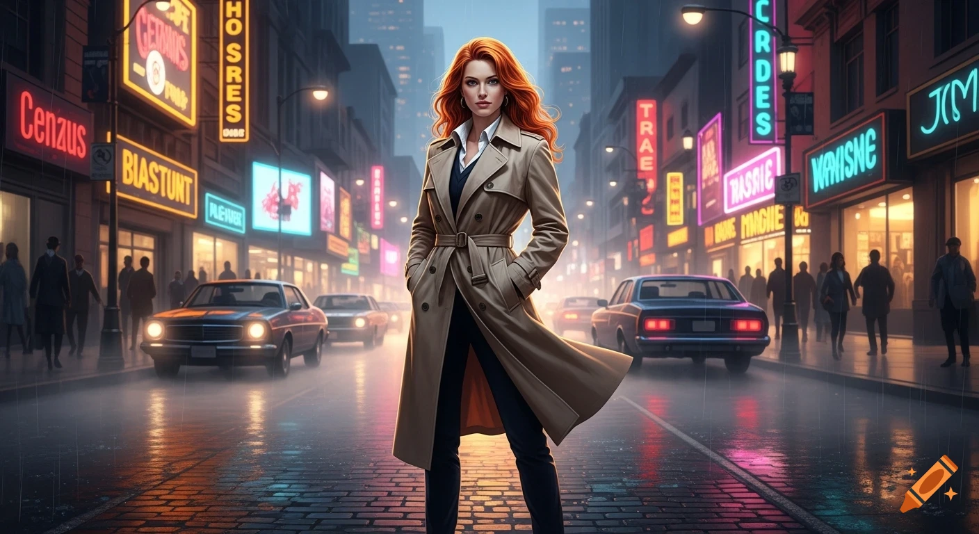 A red-haired woman in a trench coat stands on a wet, neon-lit city street at night, with cars and people in the background, in a photorealistic 80s style.