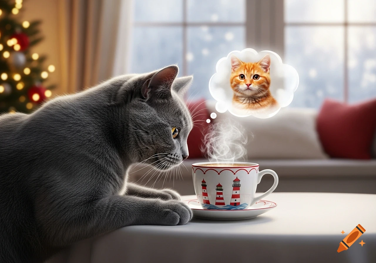 Photorealistic image of a gray cat looking at a steaming coffee cup with lighthouse decor, dreaming of an orange cat, with a Christmas tree in the background.