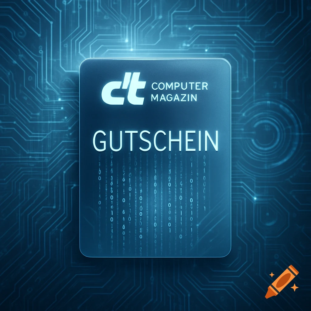 A glowing blue digital voucher for 'c't Computer Magazin' with 'GUTSCHEIN' on it, against a circuit board background.