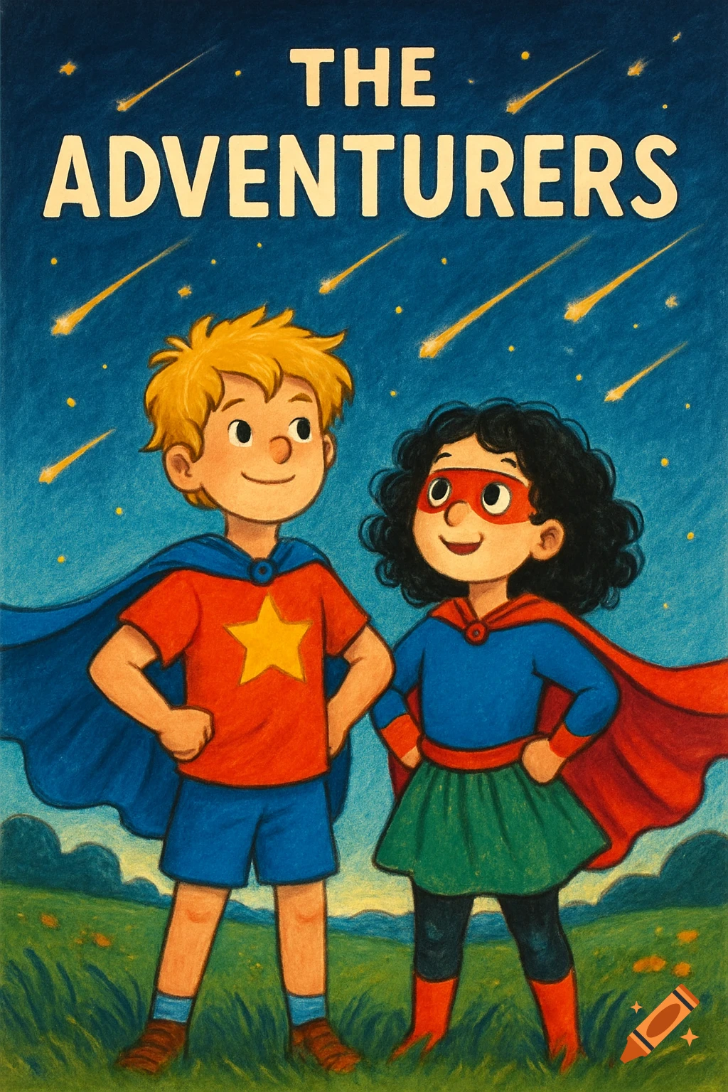 Children's book illustration of a boy and girl in superhero costumes standing in a field under a night sky with shooting stars.