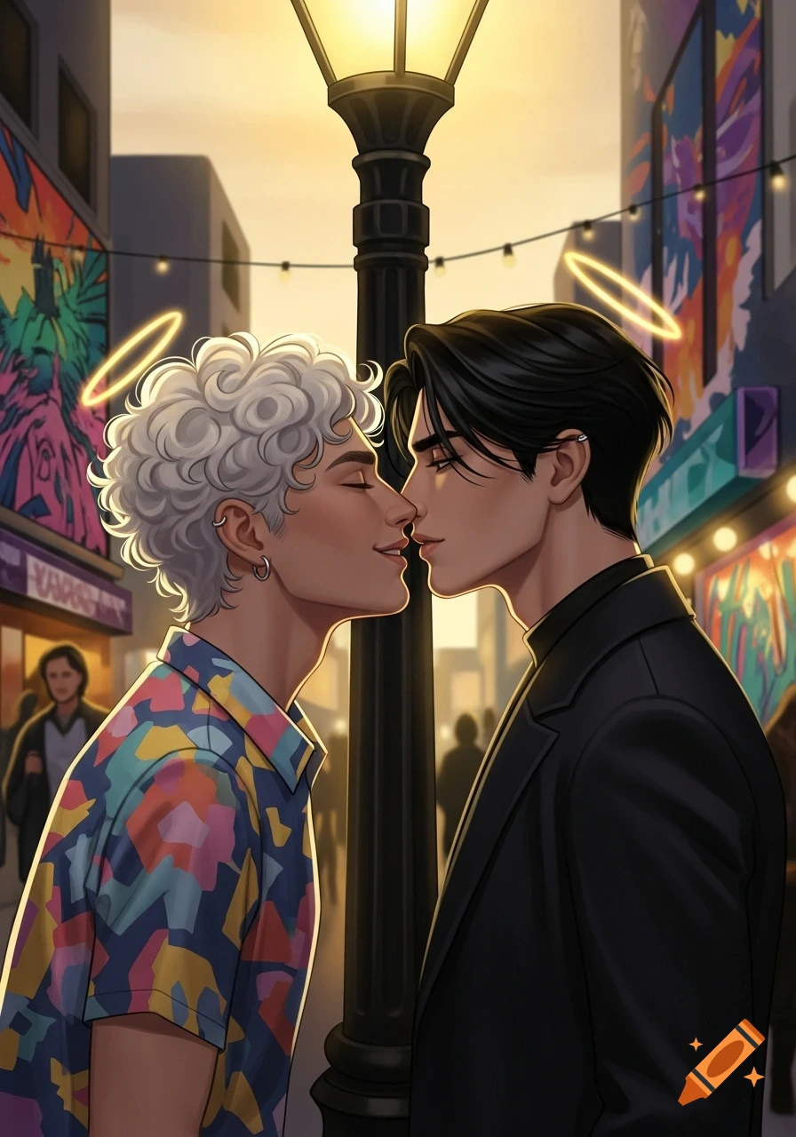 Illustrated portrait of two men with halos, about to kiss under a streetlamp on a city street.