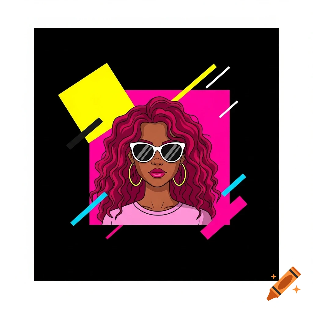 Cartoon portrait of a dark-skinned woman with red curly hair, white sunglasses, and a pink shirt, set against geometric shapes in a pop art style.