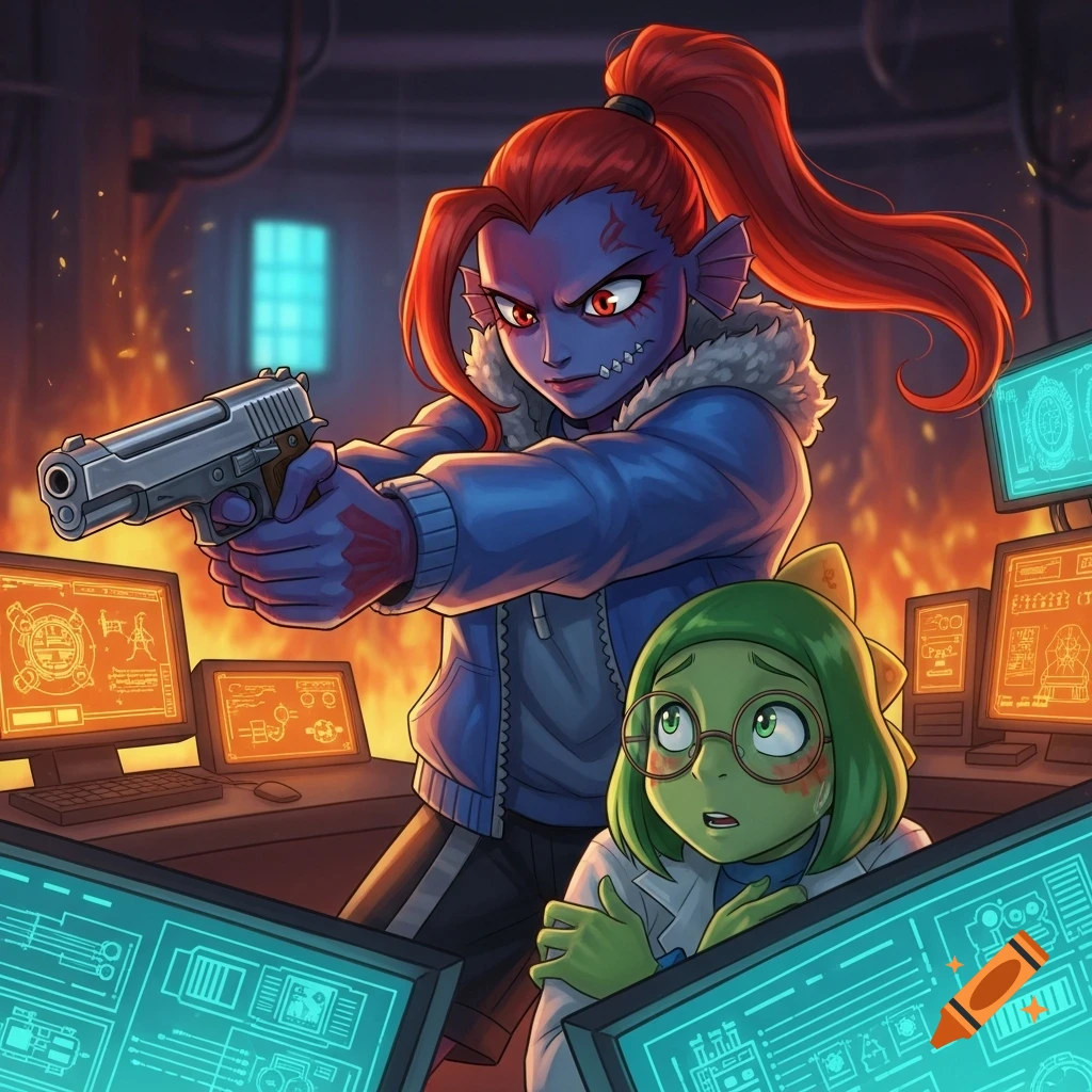 Undyne, a blue fish-like character, points a silver pistol at a terrified green Alphys in a burning lab with glowing screens, anime style.