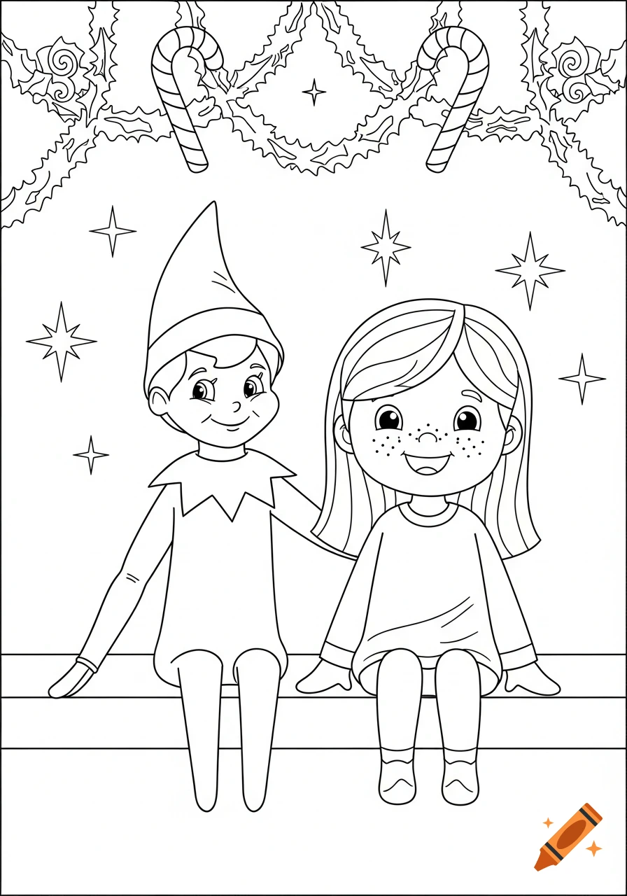 Black and white coloring page of an Elf on the Shelf and a child sitting, with holiday garland.
