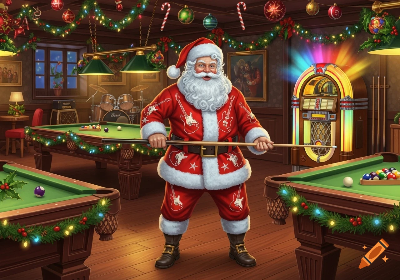 Santa Claus in a festive, decorated room, holding a pool cue between two billiard tables, with a drum set and jukebox in the background.