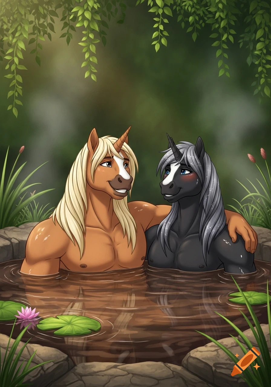 Two anthropomorphic male unicorns with blonde and grey manes relax in a natural hot tub surrounded by lush greenery and lily pads.