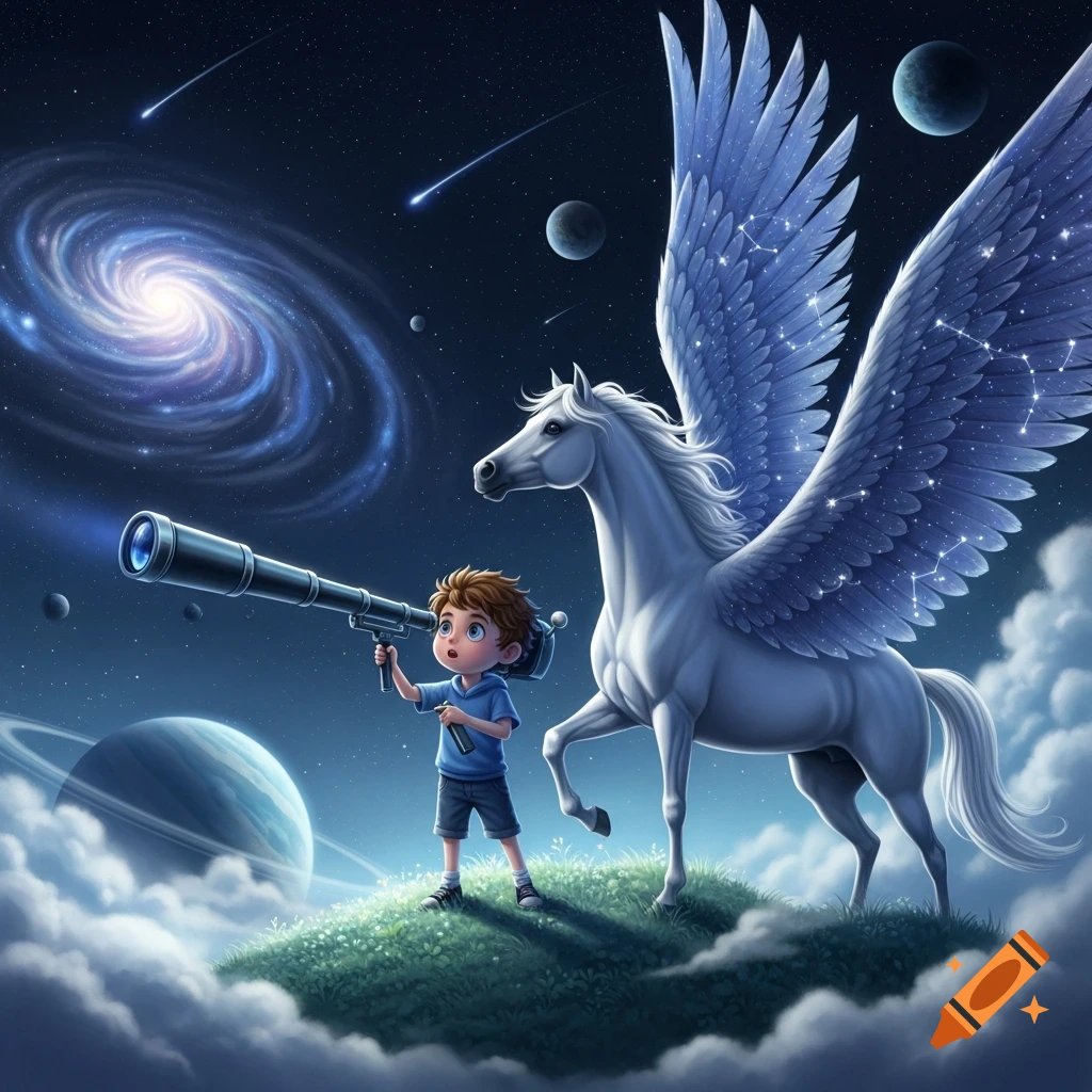 Cartoon boy looks through a telescope next to a majestic white pegasus with starry wings, on a hill under a vibrant galaxy and planets.