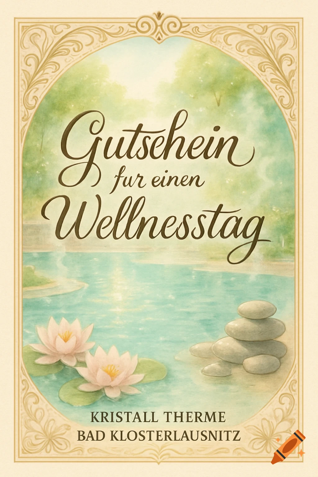 An illustrated voucher for a wellness day, featuring water lilies and stacked stones in a pool, surrounded by lush greenery, with text "Gutschein für einen Wellnesstag" and the spa name.