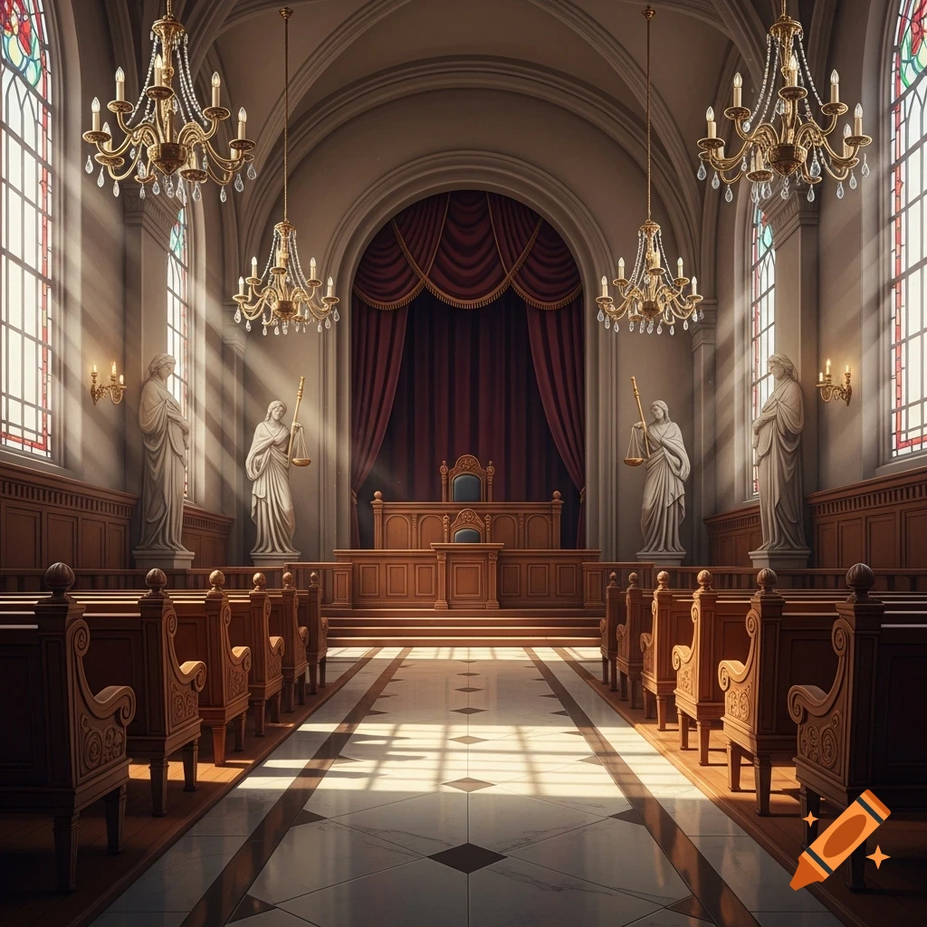 Grand courtroom interior with wooden pews, judge's bench, justice statues, and sunlight streaming through stained glass windows.