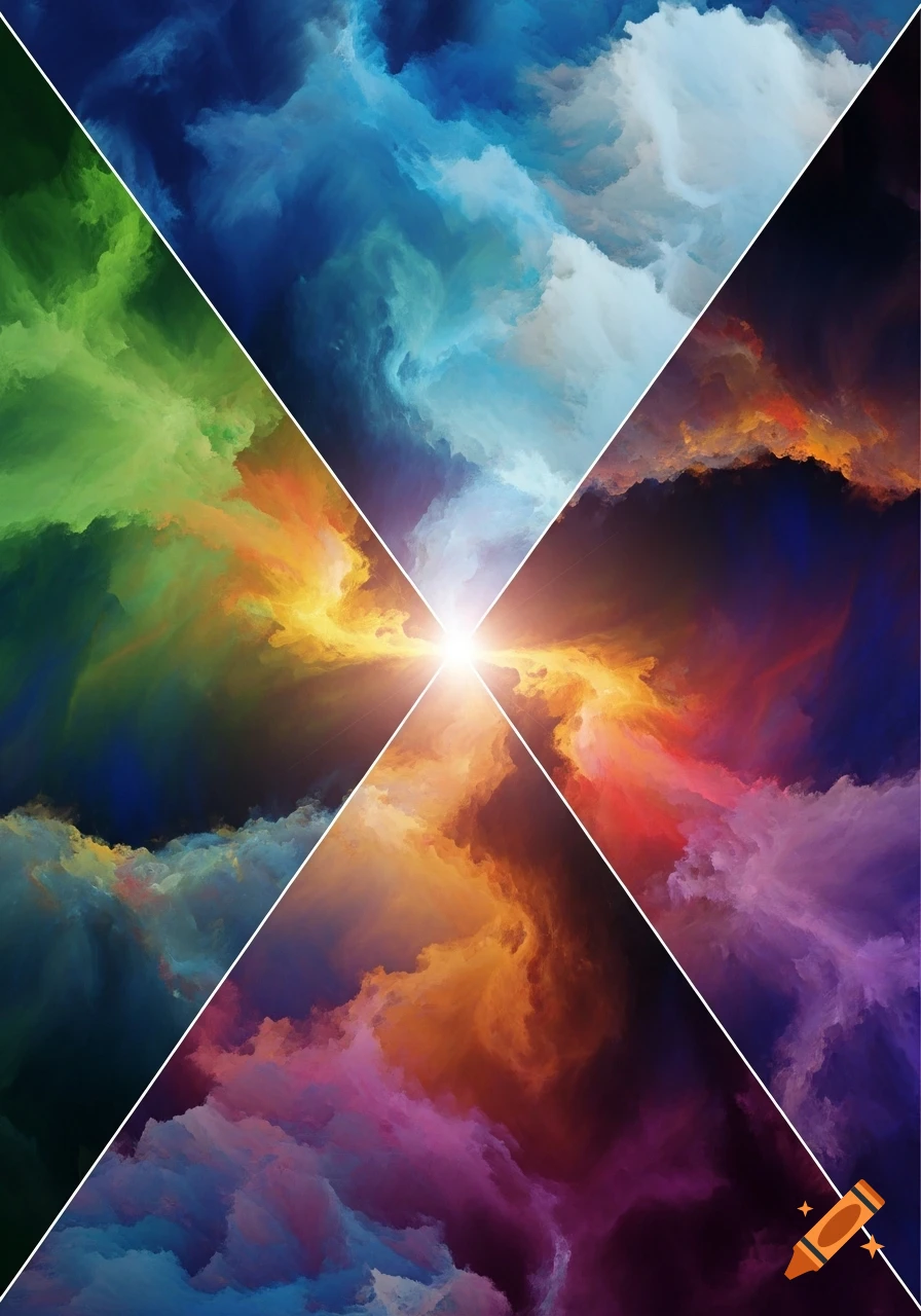Abstract image of colorful swirling clouds divided into quadrants with a bright central light.