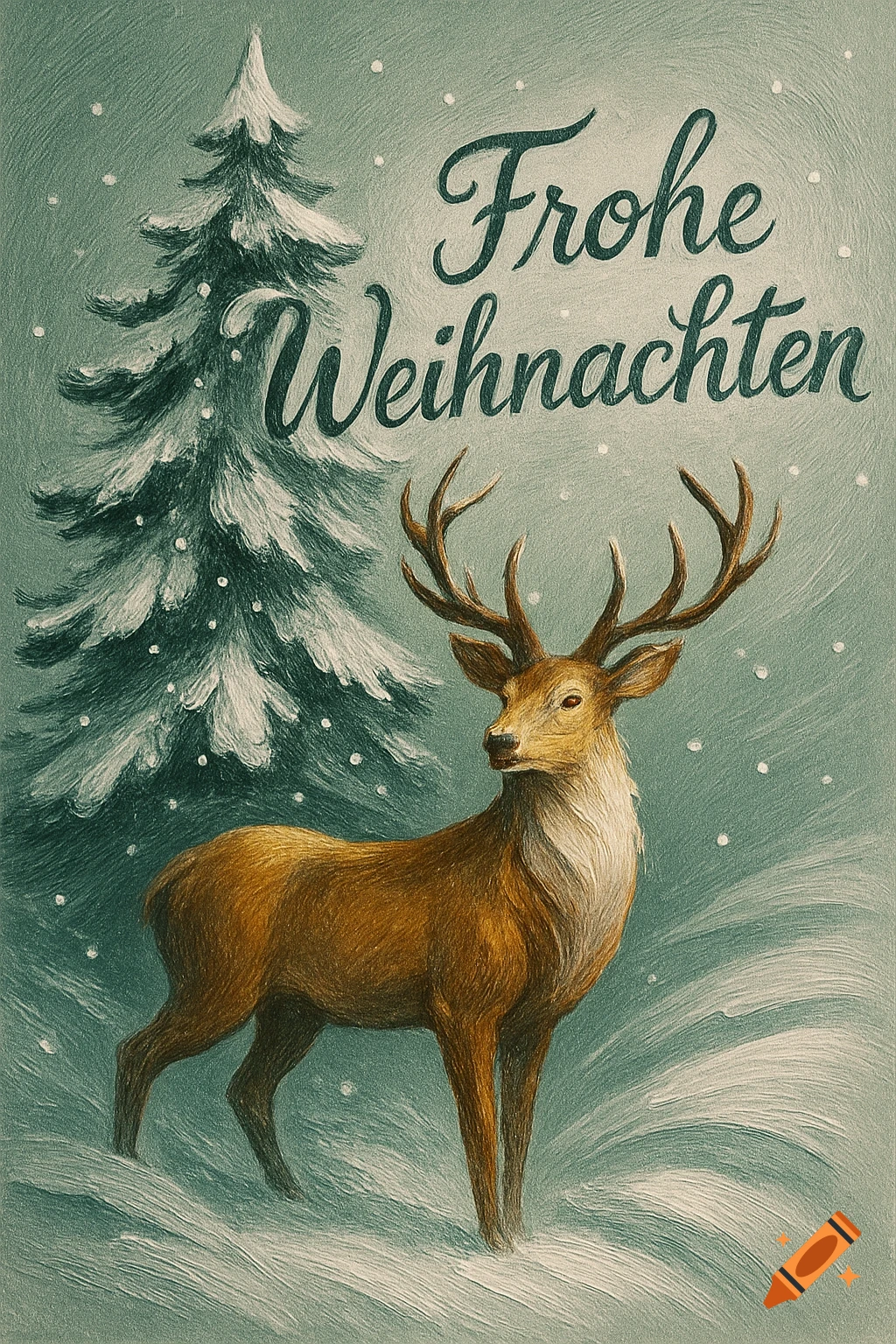 A stylized drawing of a brown deer and a snow-covered Christmas tree in a snowy landscape, with "Frohe Weihnachten" text.