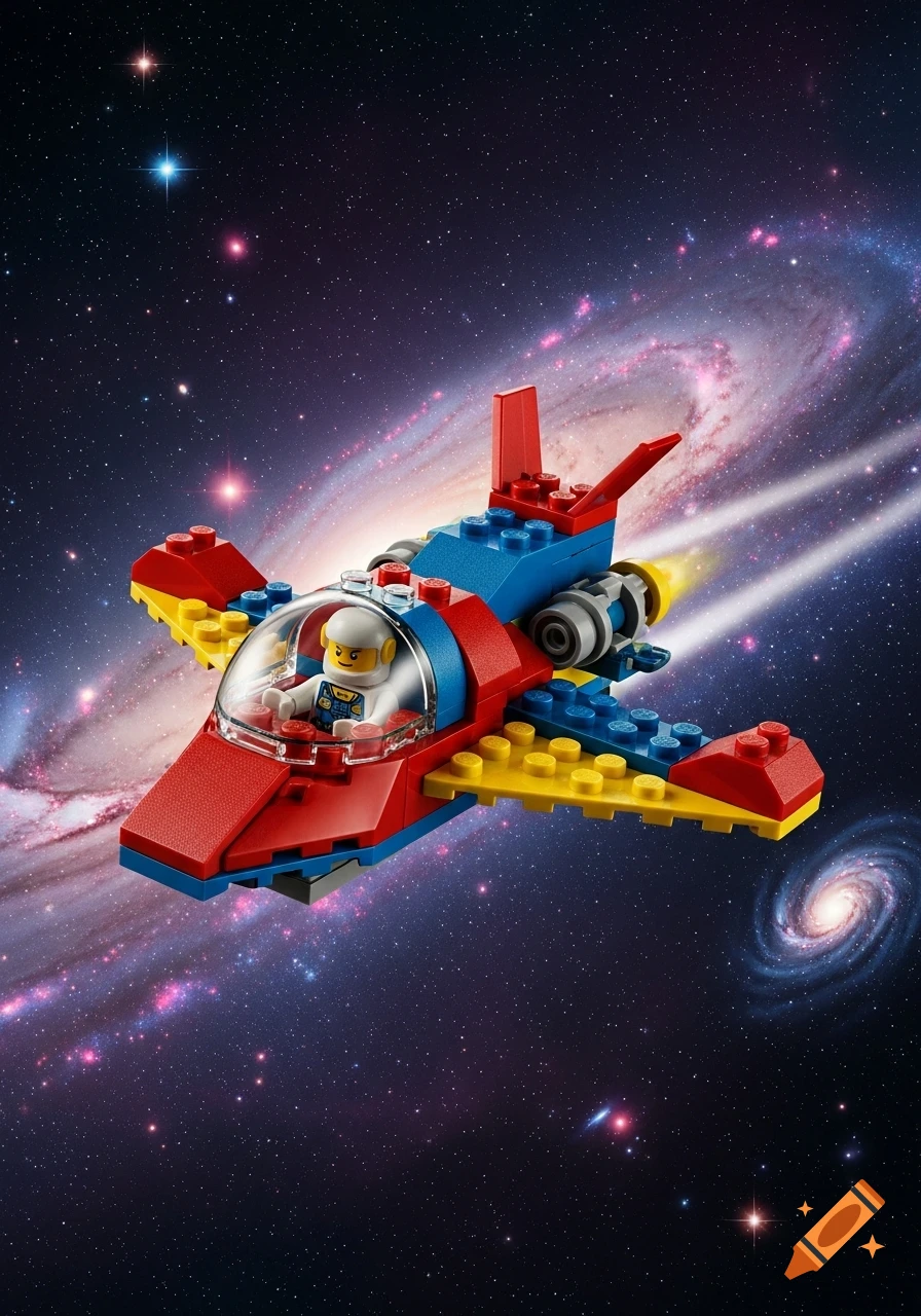 A colorful red, blue, and yellow Lego spaceship with a minifigure pilot flies through a star-filled galaxy.