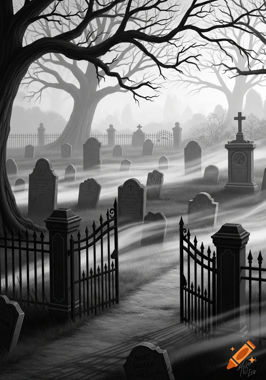 A dark, atmospheric, black and white illustration of a spooky graveyard with many gravestones, an open gate, and large, bare trees under a misty sky. Light rays cut through the fog.