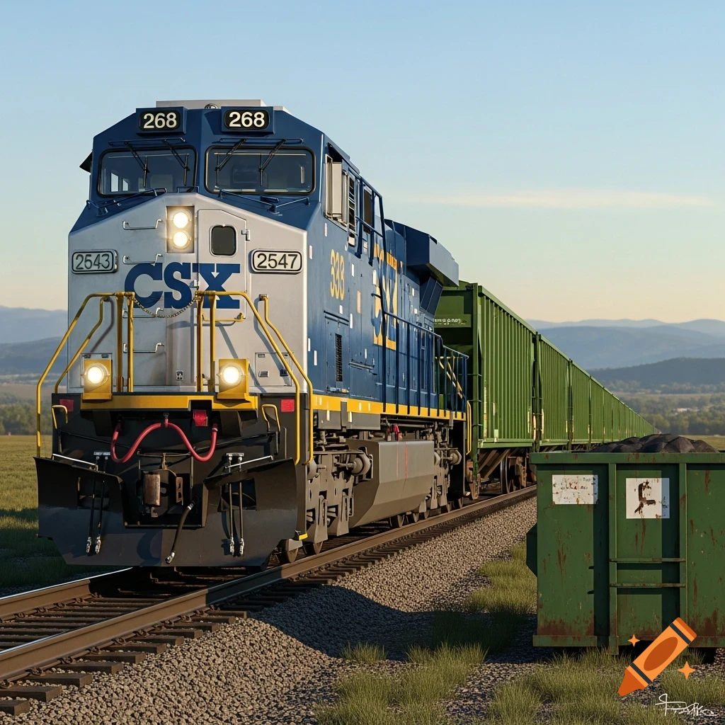 A photorealistic image of a blue and gray CSX locomotive pulling green flatcars along a track through a grassy field under a clear blue sky.