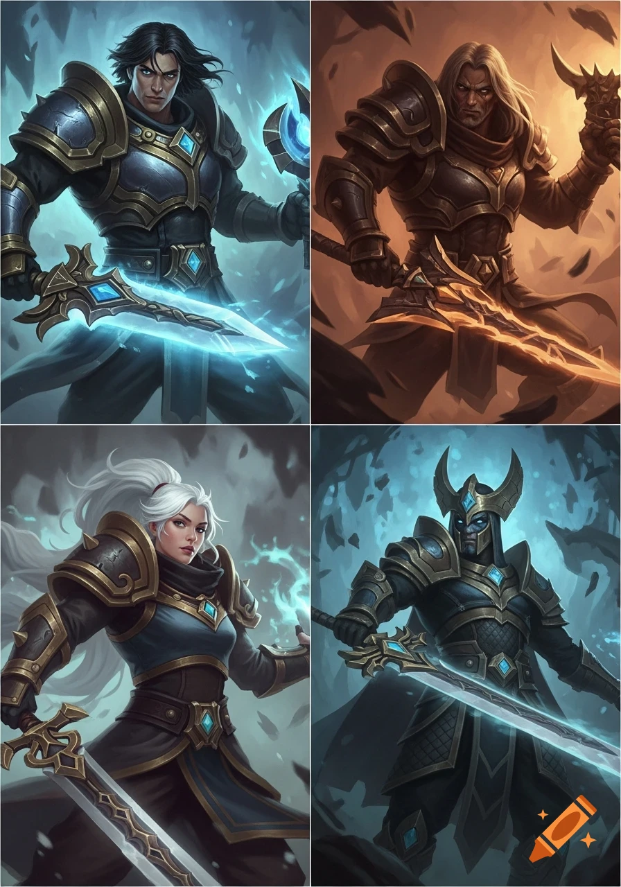 A 2x2 grid of four fantasy warriors in ornate armor, two males and one female, wielding glowing swords and magic in a digital painting style.