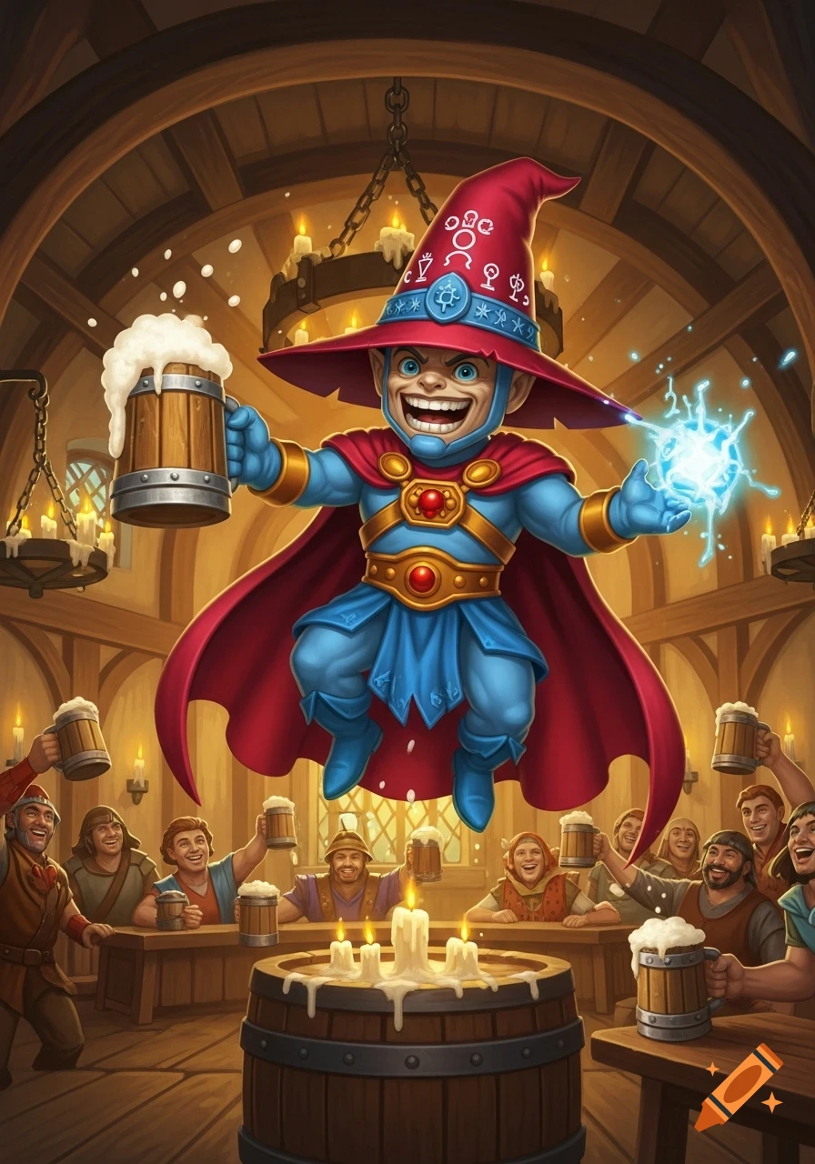 A happy, floating gnome wizard in a red hat holds a beer mug and glowing magic in a lively medieval tavern filled with cheerful patrons.