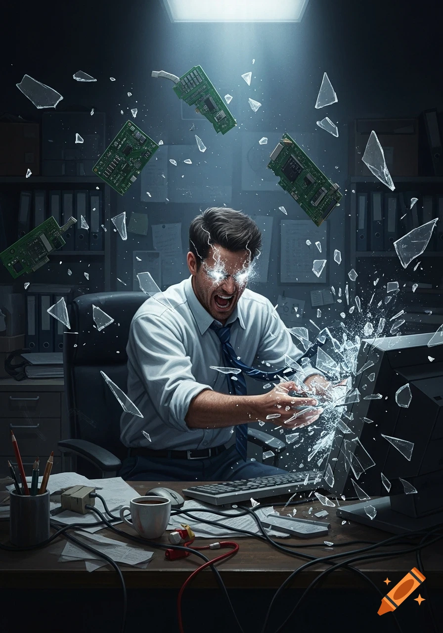 An angry man with glowing eyes smashes a computer at a messy office desk, surrounded by flying glass and circuit boards.
