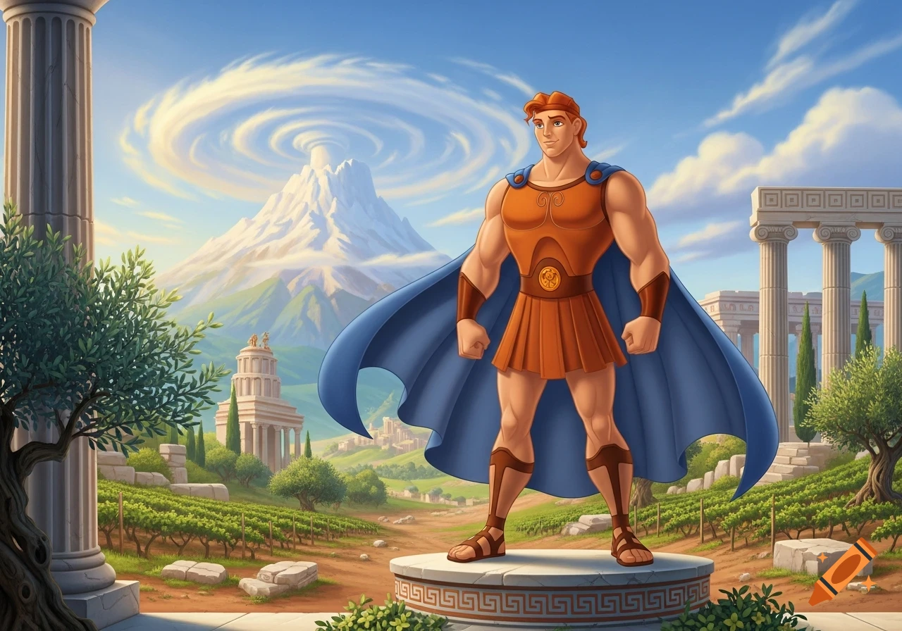 A muscular, Disney-style Hercules in ancient Greek attire stands on a pedestal in a bright landscape with temples, vineyards, and a mountain.