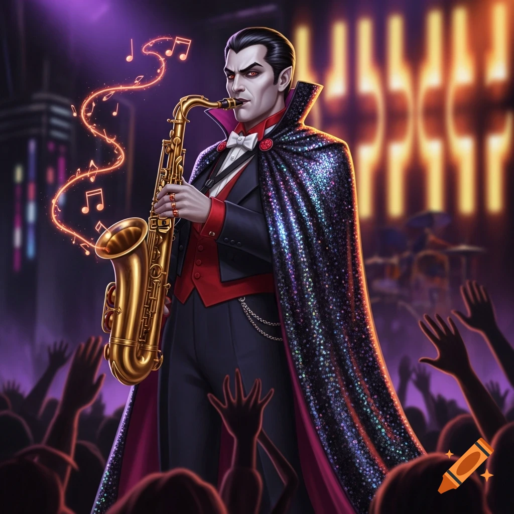 A stylized vampire in a sparkling cape plays a golden saxophone on stage to an adoring crowd, with glowing musical notes rising.