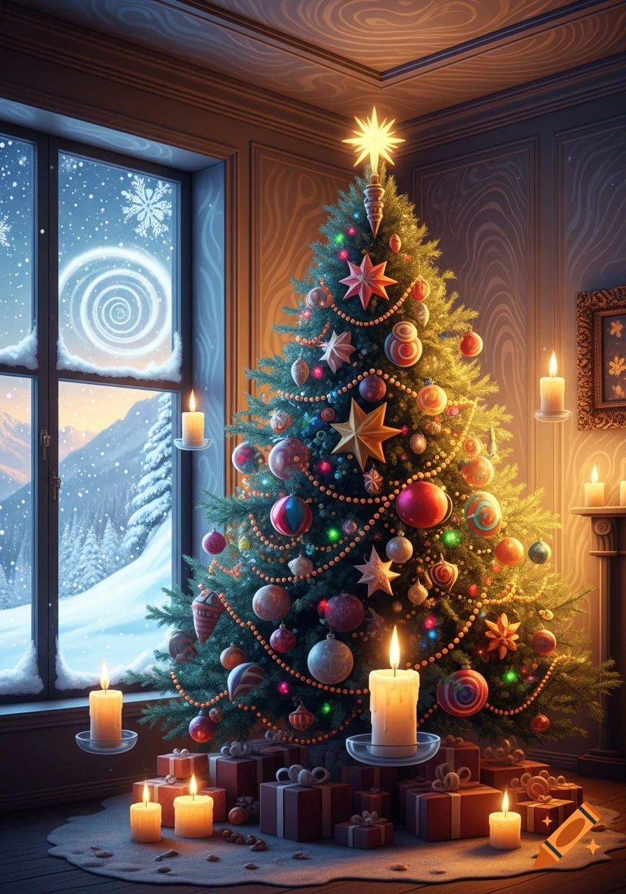 A surreal, warm-toned Christmas scene with a decorated tree, glowing presents, floating candles, and a snowy window view.