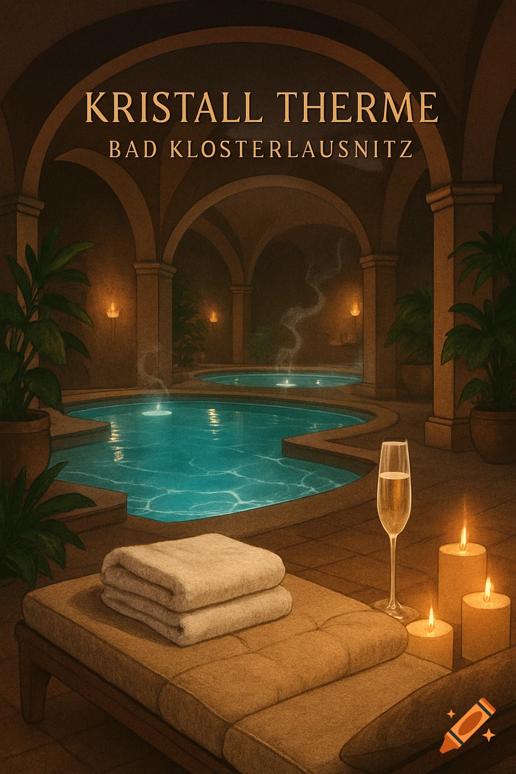 An illustrative view of a dimly lit indoor thermal spa with arched ceilings, blue pools, a lounge chair, a champagne glass, and candles.