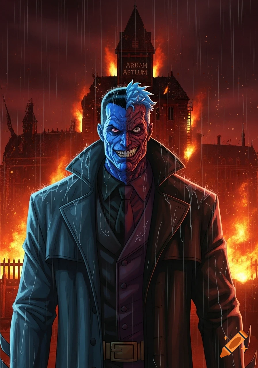 Batman villain Two-Face, with a half-blue scarred face, stands in rain before a burning Arkham Asylum in an animated style.