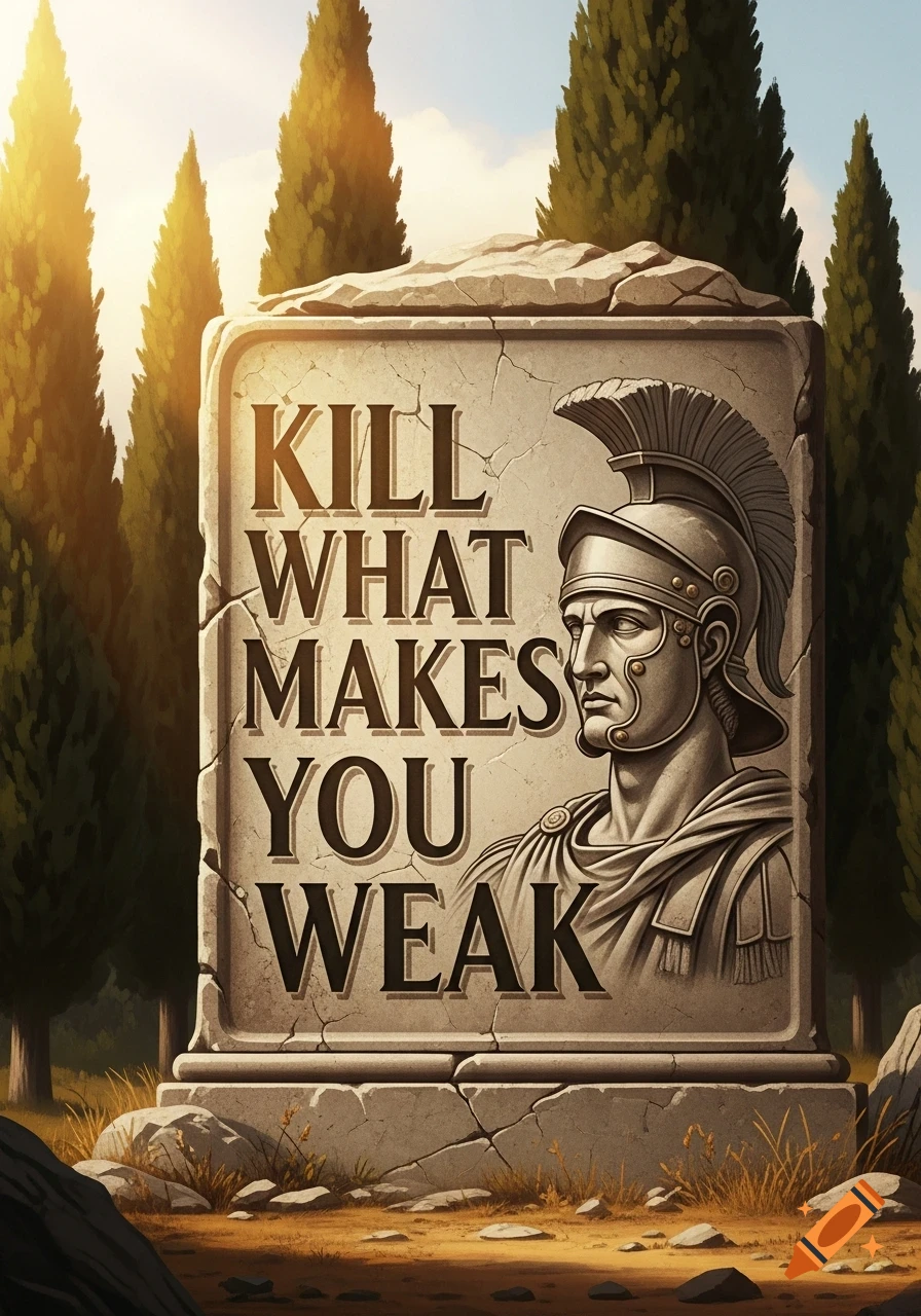 A stone tablet inscribed with the quote "KILL WHAT MAKES YOU WEAK" alongside a Roman soldier bust, set among cypress trees.