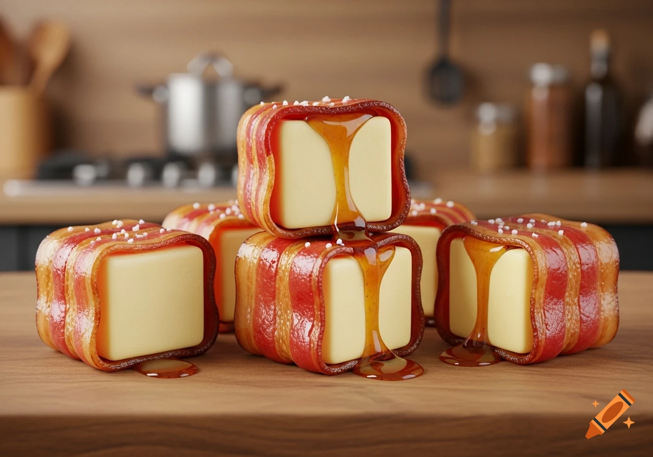 Photorealistic close-up of butter cubes wrapped in crispy bacon, drizzled with golden syrup, on a wooden kitchen counter.