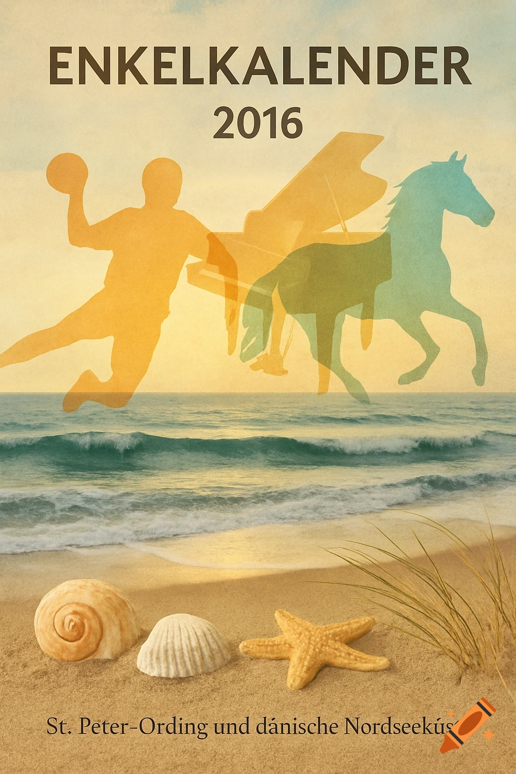 Vintage-style calendar cover with beach, sea, shells, and silhouettes of a handball player, piano, and horse. Text "ENKELKALENDER 2016".