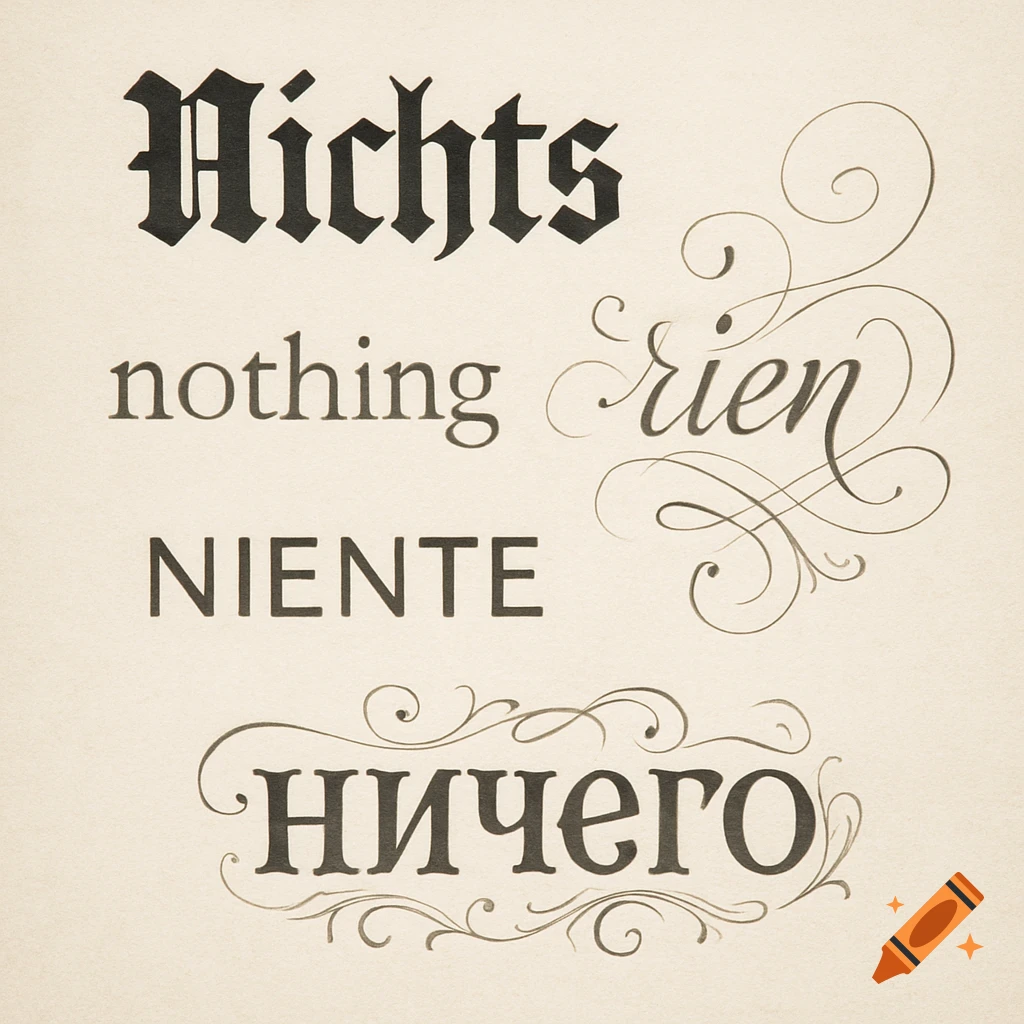 The word 'nothing' in German, English, French, Italian, and Russian, displayed in various typefaces and calligraphic styles on a textured background.