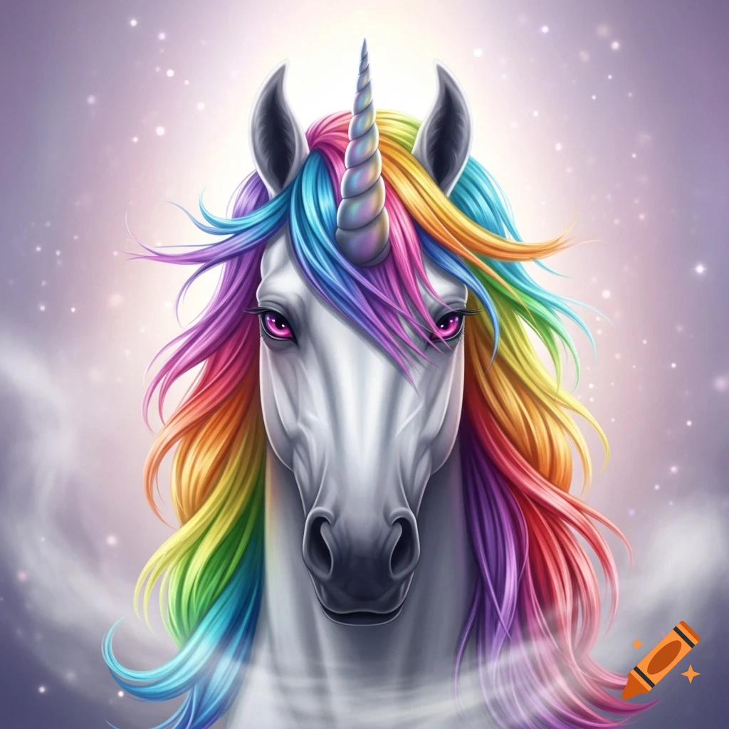 A majestic white unicorn with a flowing rainbow mane and fiery pink eyes stares directly forward against a sparkling purple background.