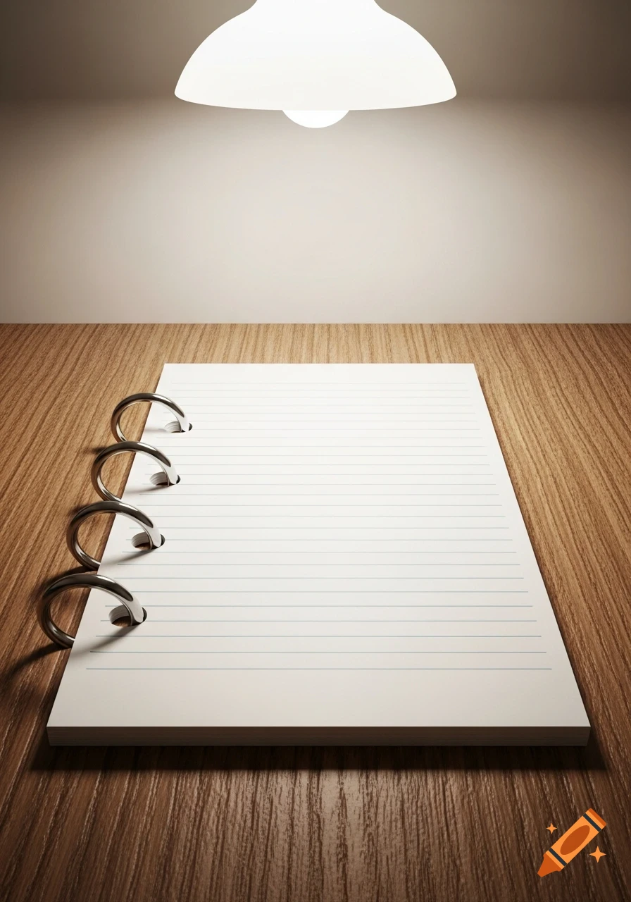 A blank 3-ring notebook paper with 27 blue lines lies on a wooden desk under a bright lamp, with empty space above.