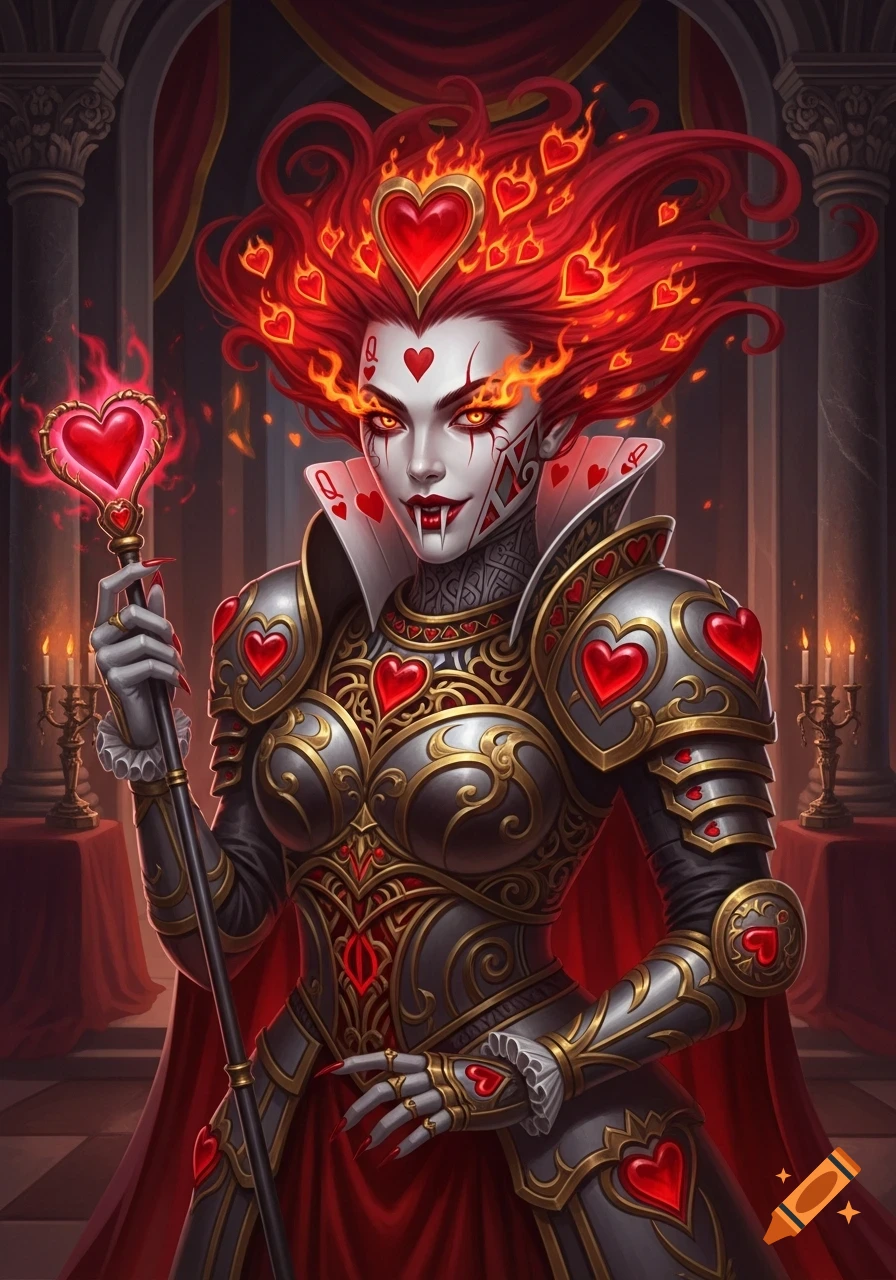 Fearsome Queen of Hearts in ornate armor with fiery red hair and vampiric features, holding a heart scepter.