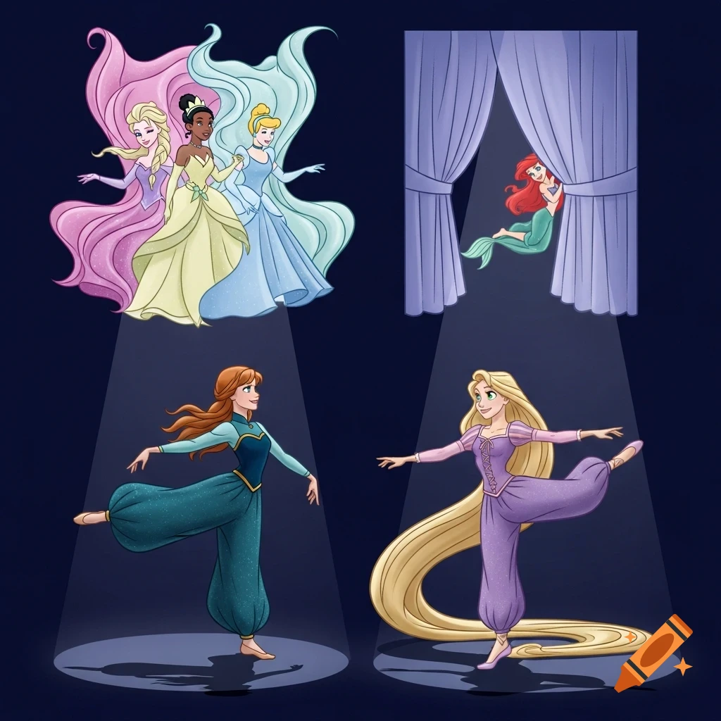 A split cartoon image featuring Disney princesses. Top left shows Elsa, Tiana, and Cinderella with flowing hair. Top right, Ariel peeks from behind curtains. Bottom, Anna and Rapunzel dance ballet in harem pants.