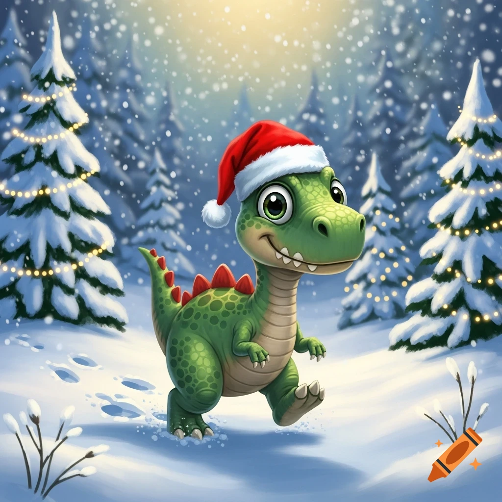 Cute cartoon dinosaur with a Santa hat walks through a snowy forest with decorated Christmas trees, smiling as snow falls.