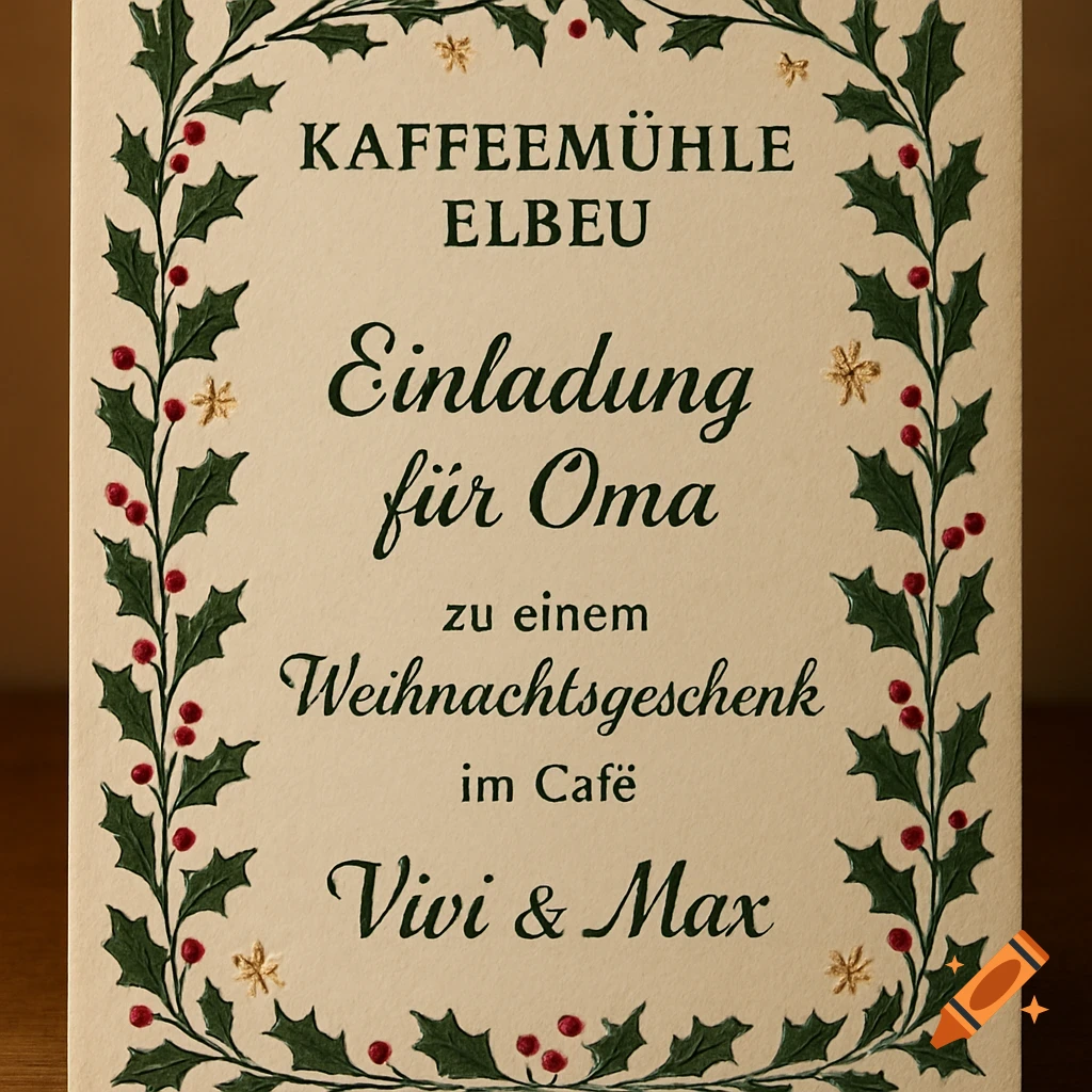 A cream-colored Christmas invitation card for Grandma from Vivi & Max, with a holly and berry border.